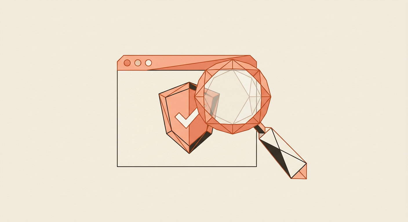 Illustration d'une loupe qui examine une page de site web avec un bouclier de validation